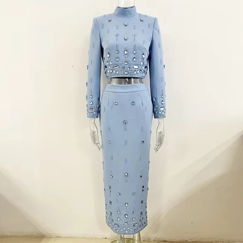 Completo 2 Pezzi Donna – Top Colletto Rialzato e Gonna Lunga con Perline - Veyla