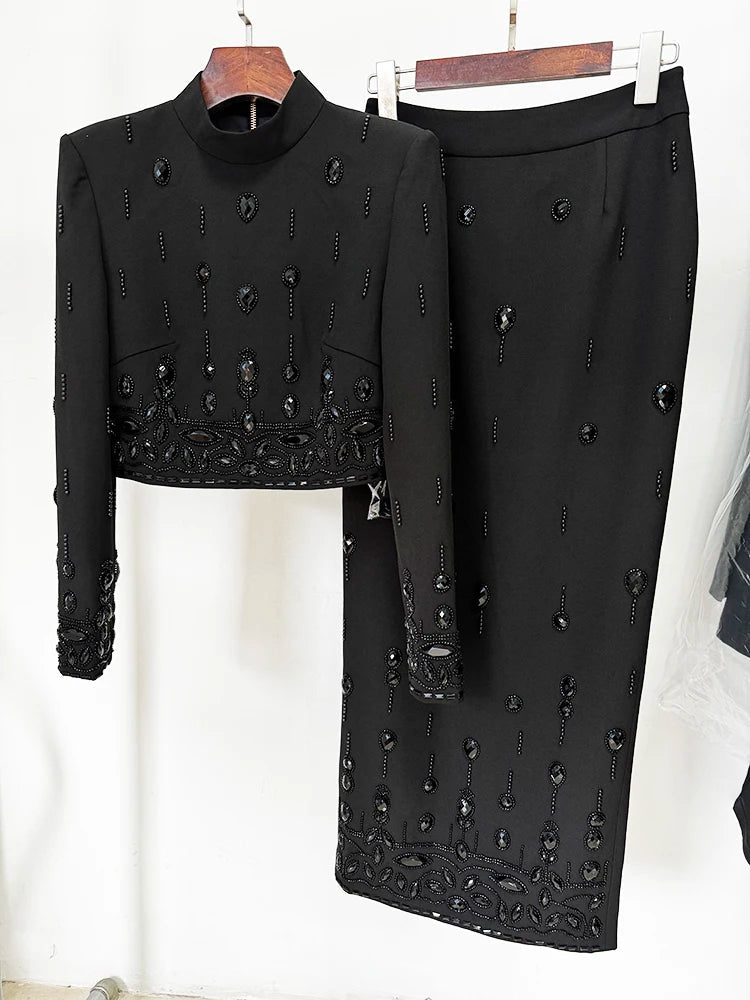 Completo 2 Pezzi Donna – Top Colletto Rialzato e Gonna Lunga con Perline - Veyla