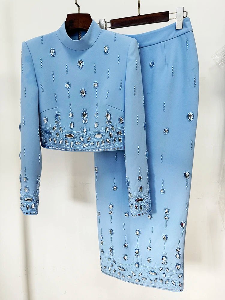 Completo 2 Pezzi Donna – Top Colletto Rialzato e Gonna Lunga con Perline - Veyla