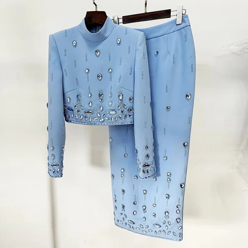 Completo 2 Pezzi Donna – Top Colletto Rialzato e Gonna Lunga con Perline - Veyla