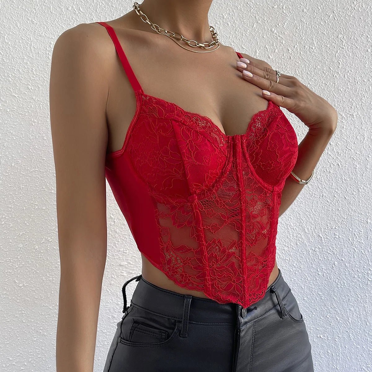 Corsetto Donna in Pizzo Rosso – Top Bustier Backless Elegante con Stecche - Veyla