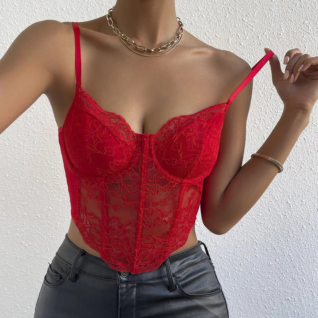Corsetto Donna in Pizzo Rosso – Top Bustier Backless Elegante con Stecche - Veyla