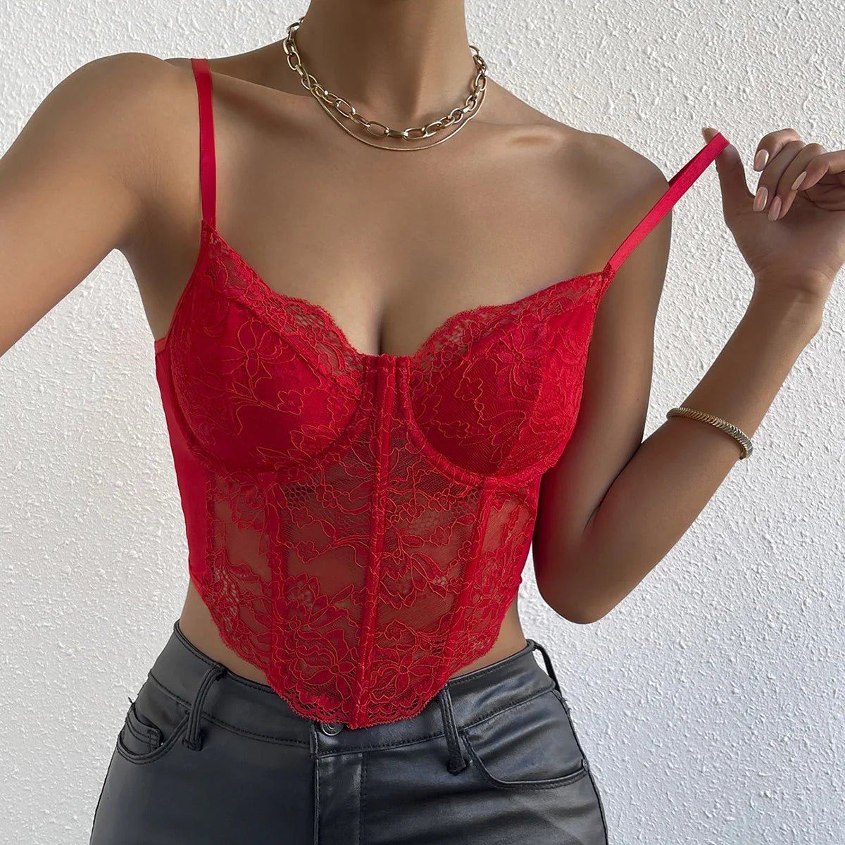 Corsetto Donna in Pizzo Rosso – Top Bustier Backless Elegante con Stecche - Veyla