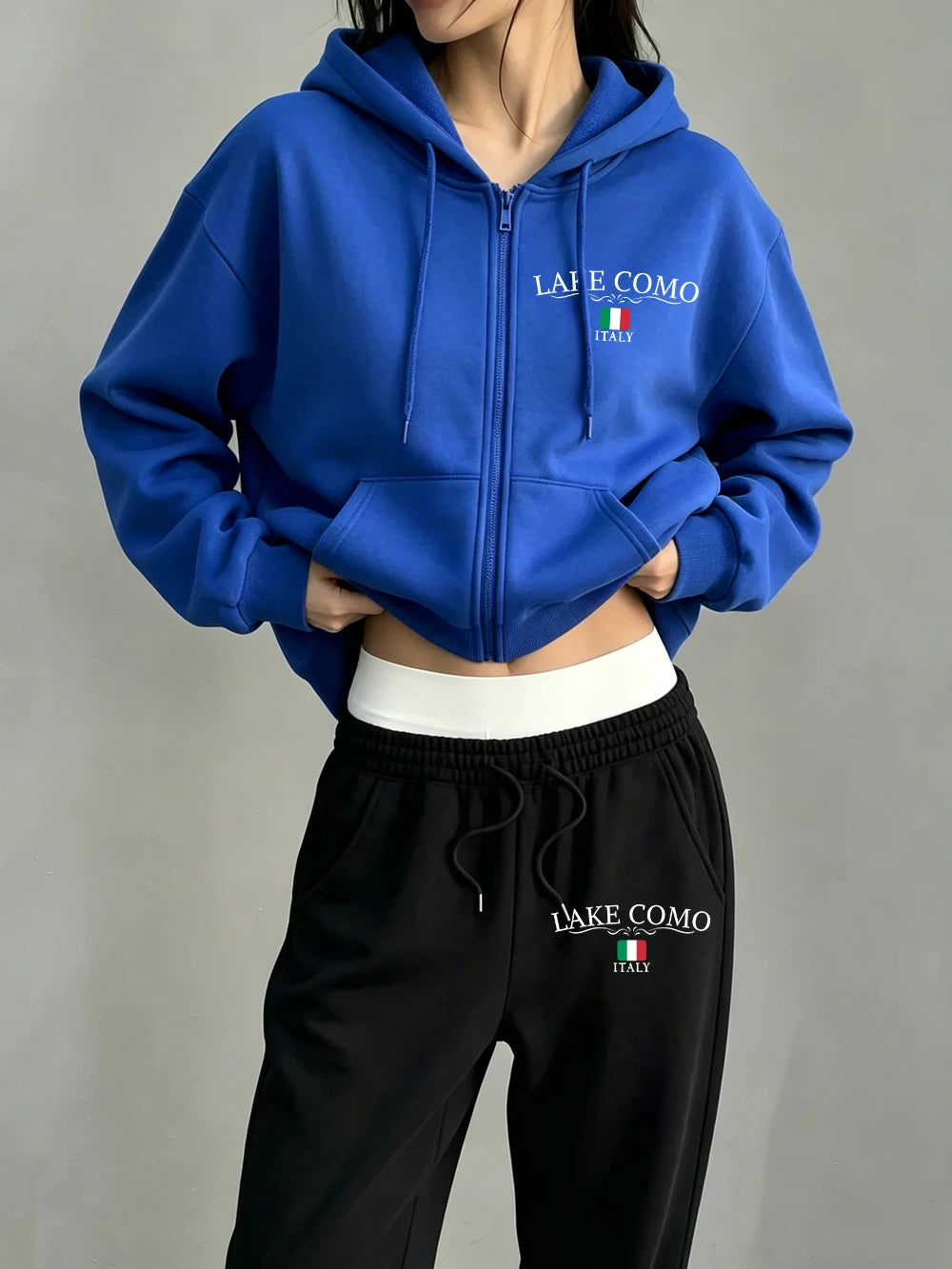 Set Donna Due Pezzi Hoodie con Zip – Stampa Lake Como Italy Fleece Oversize Invernale