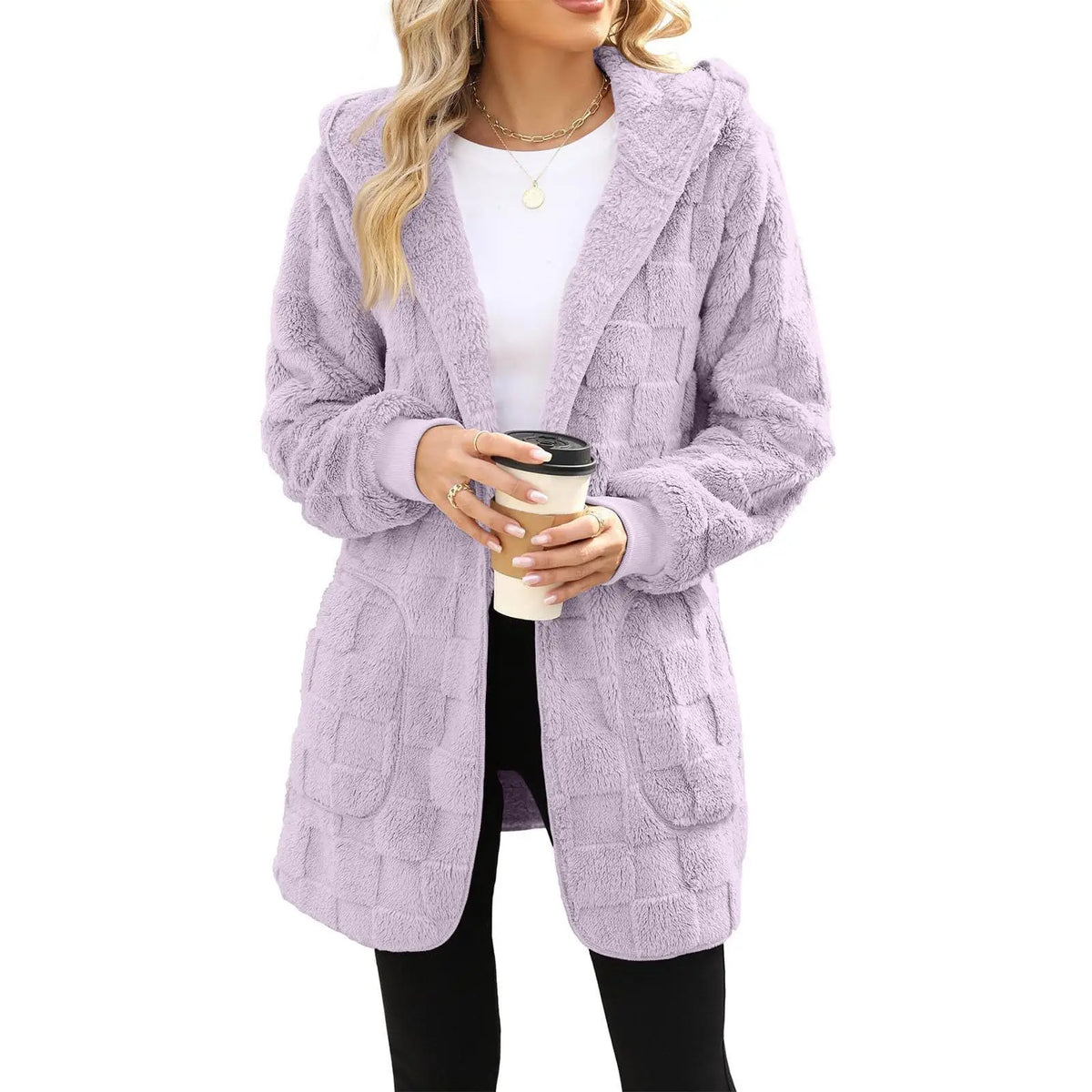 Cardigan Donna con Cappuccio in Peluche – Giacca Aperta Manica Lunga Calda Autunno Inverno