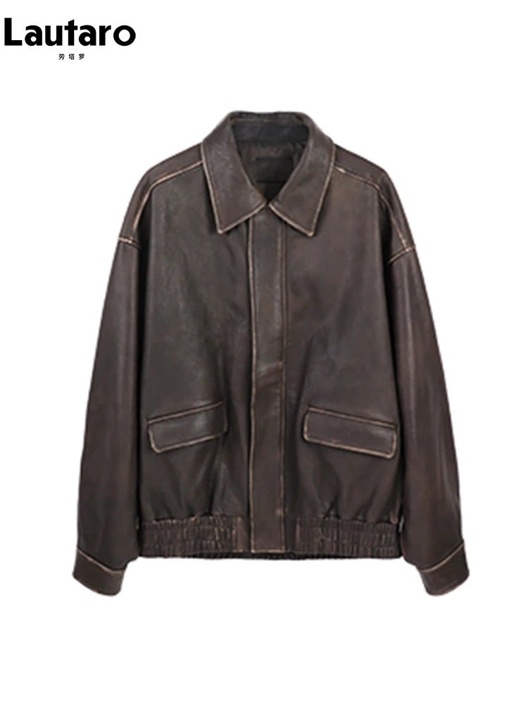 Giacca Donna in Ecopelle Distressed – Oversize Vintage Marrone con Cerniera Runway - Veyla