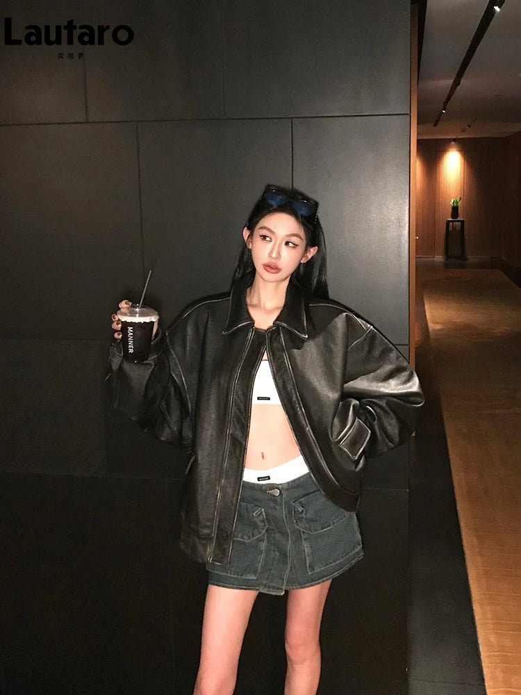 Giacca Donna in Ecopelle Distressed – Oversize Vintage Marrone con Cerniera Runway - Veyla