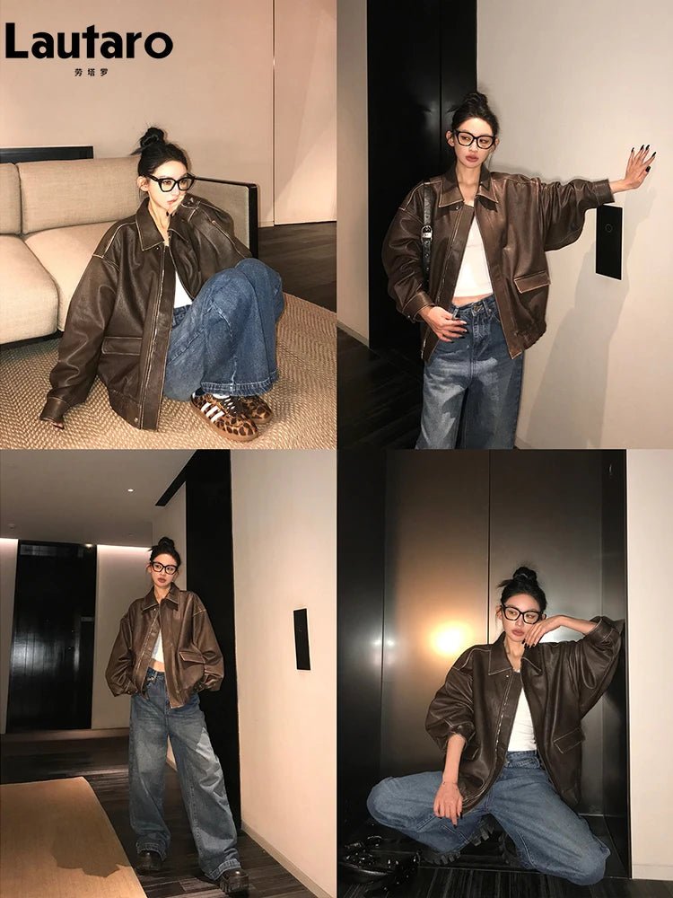 Giacca Donna in Ecopelle Distressed – Oversize Vintage Marrone con Cerniera Runway - Veyla