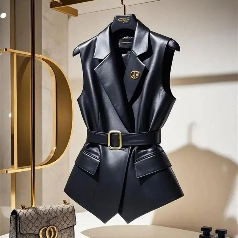 Gilet in Ecopelle Nera con Cintura e Spilla - Veyla