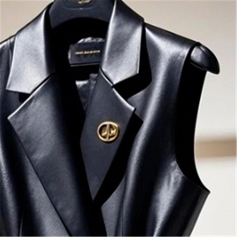 Gilet in Ecopelle Nera con Cintura e Spilla - Veyla