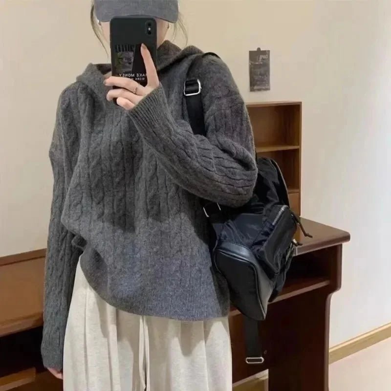 Maglione Donna Scollo a V con Cappuccio – Pullover a Maglia Intrecciata Manica Lunga Autunno - Veyla