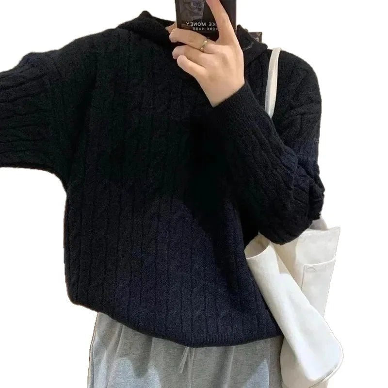 Maglione Donna Scollo a V con Cappuccio – Pullover a Maglia Intrecciata Manica Lunga Autunno - Veyla