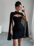Mini Abito con Maniche a Mantella e Paillettes – Senza Spalline, Club & Party - Veyla