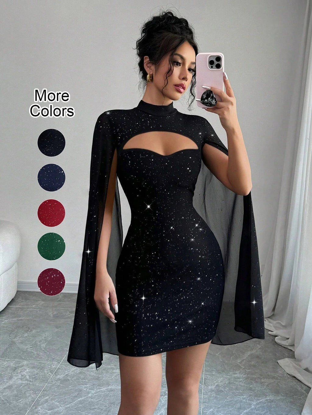Mini Abito con Maniche a Mantella e Paillettes – Senza Spalline, Club & Party - Veyla