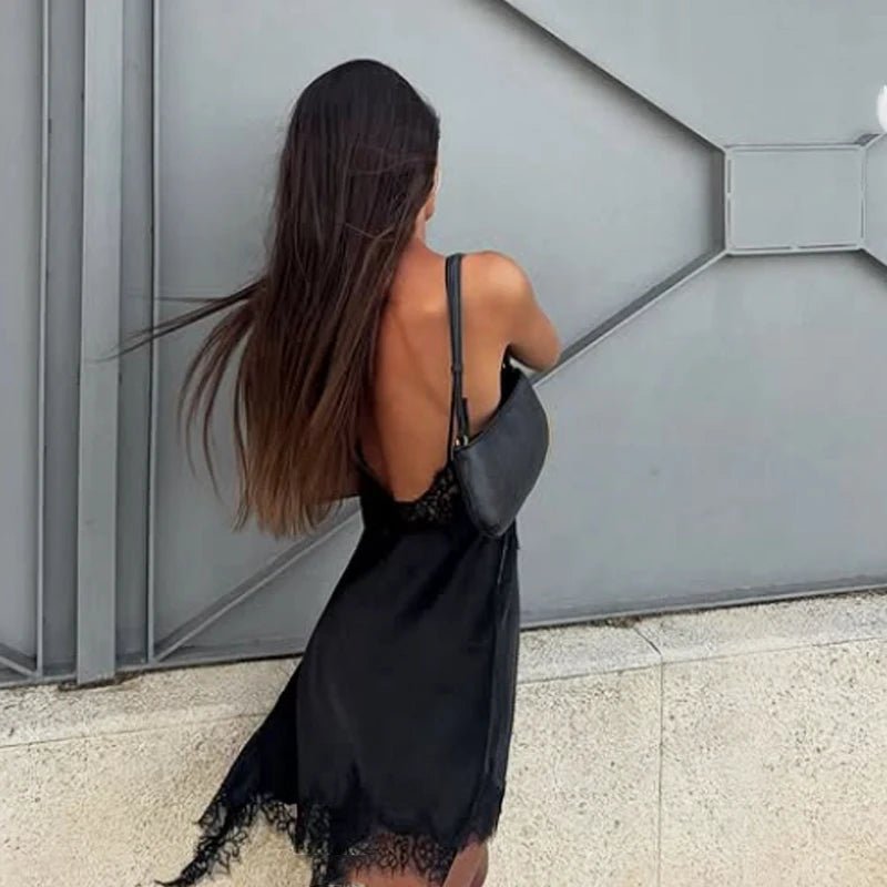 Mini Abito in Pizzo Asimmetrico con Schiena Scoperta – Raso, Senza Maniche, Sera - Veyla