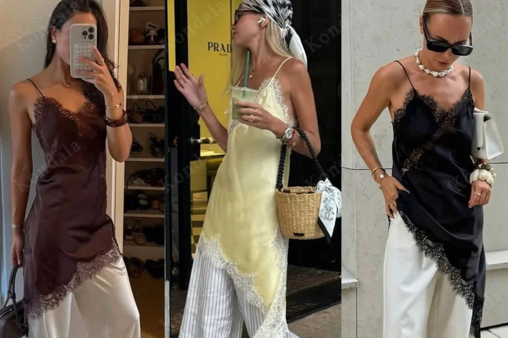 Mini Abito in Pizzo Asimmetrico con Spalline Sottili e Scollo a V – Festa, Primavera - Veyla