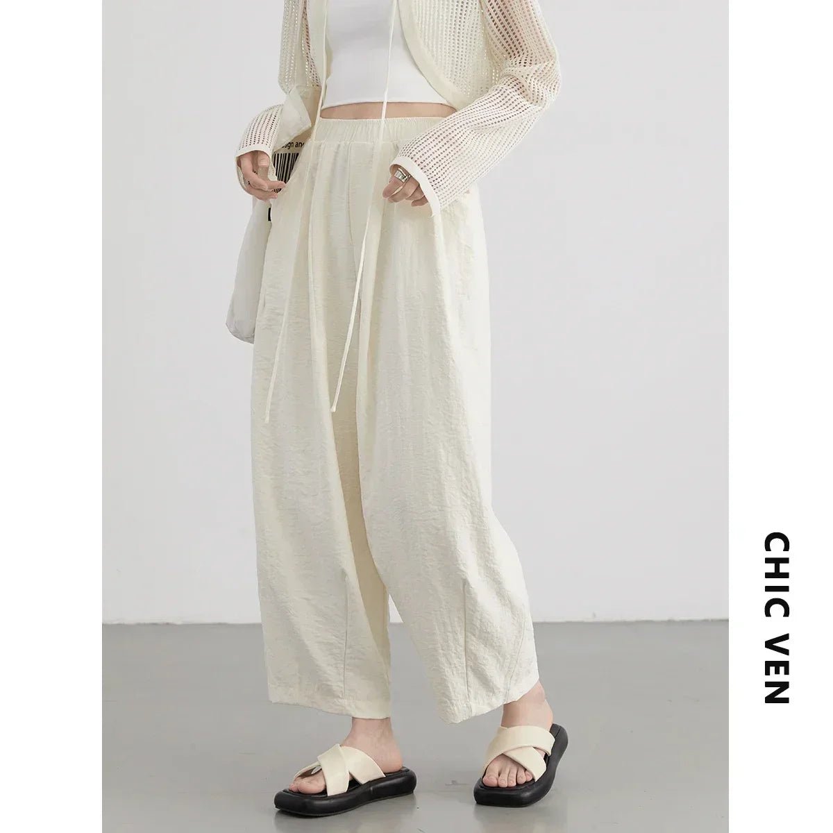 Pantaloni Donna Bianchi Wide Leg Plissé – A Vita Alta Casual Elegante - Veyla