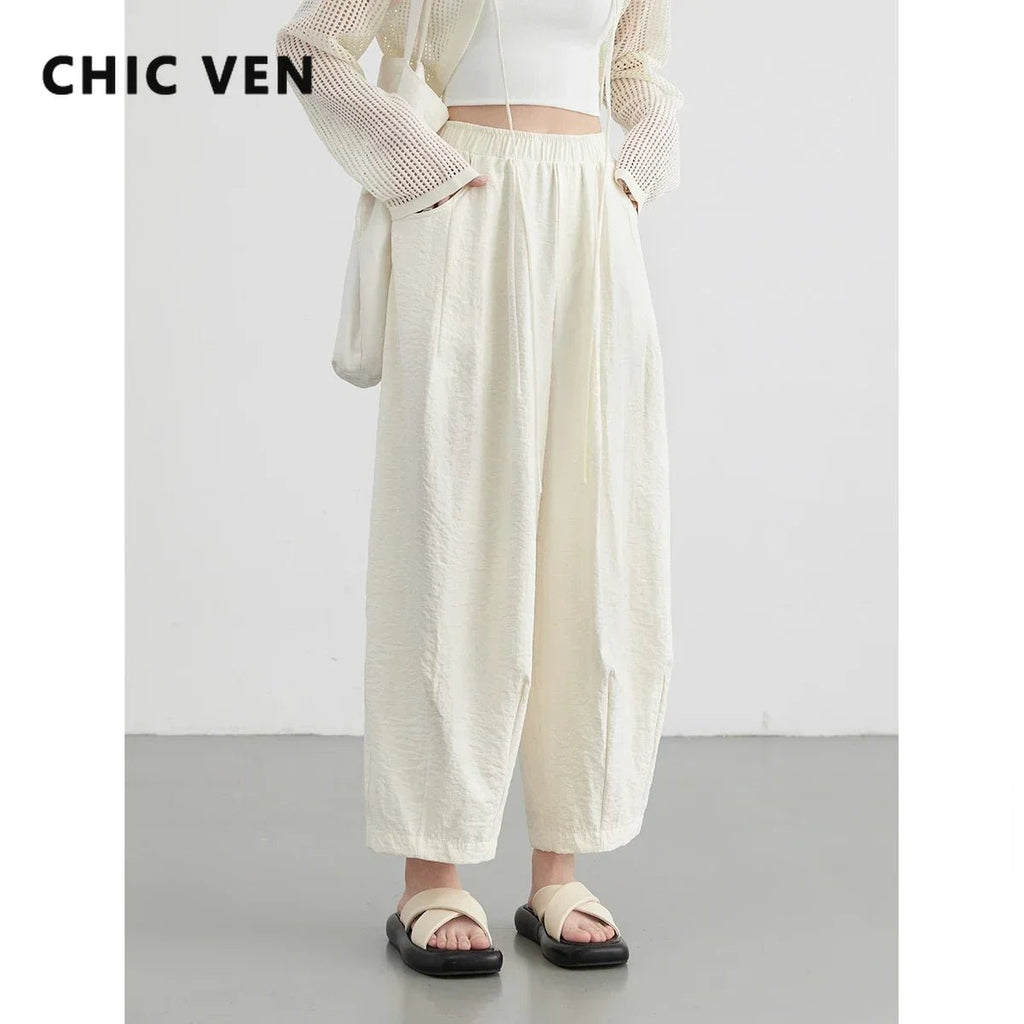 Pantaloni Donna Bianchi Wide Leg Plissé – A Vita Alta Casual Elegante - Veyla