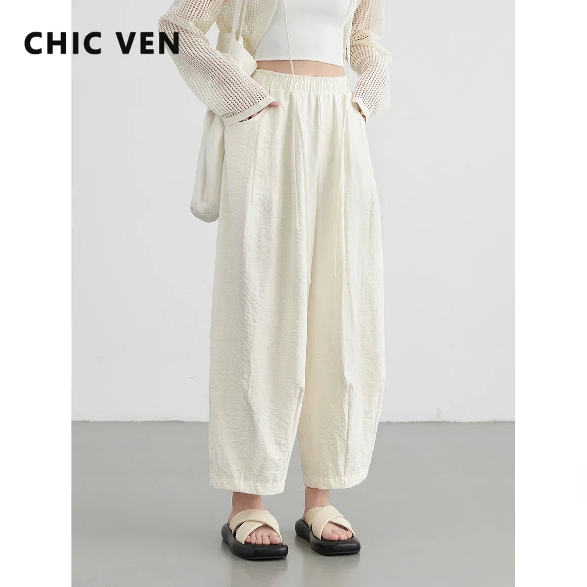 Pantaloni Donna Bianchi Wide Leg Plissé – A Vita Alta Casual Elegante - Veyla