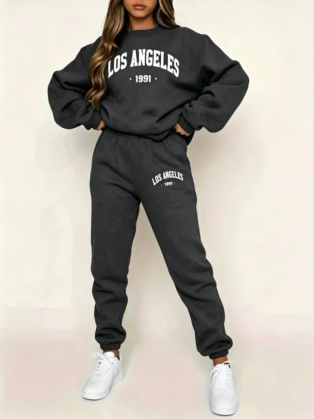 Set Donna Due Pezzi Felpa con Cappuccio – Stampa Lettering Fleece Sportswear Casual Invernale - Veyla