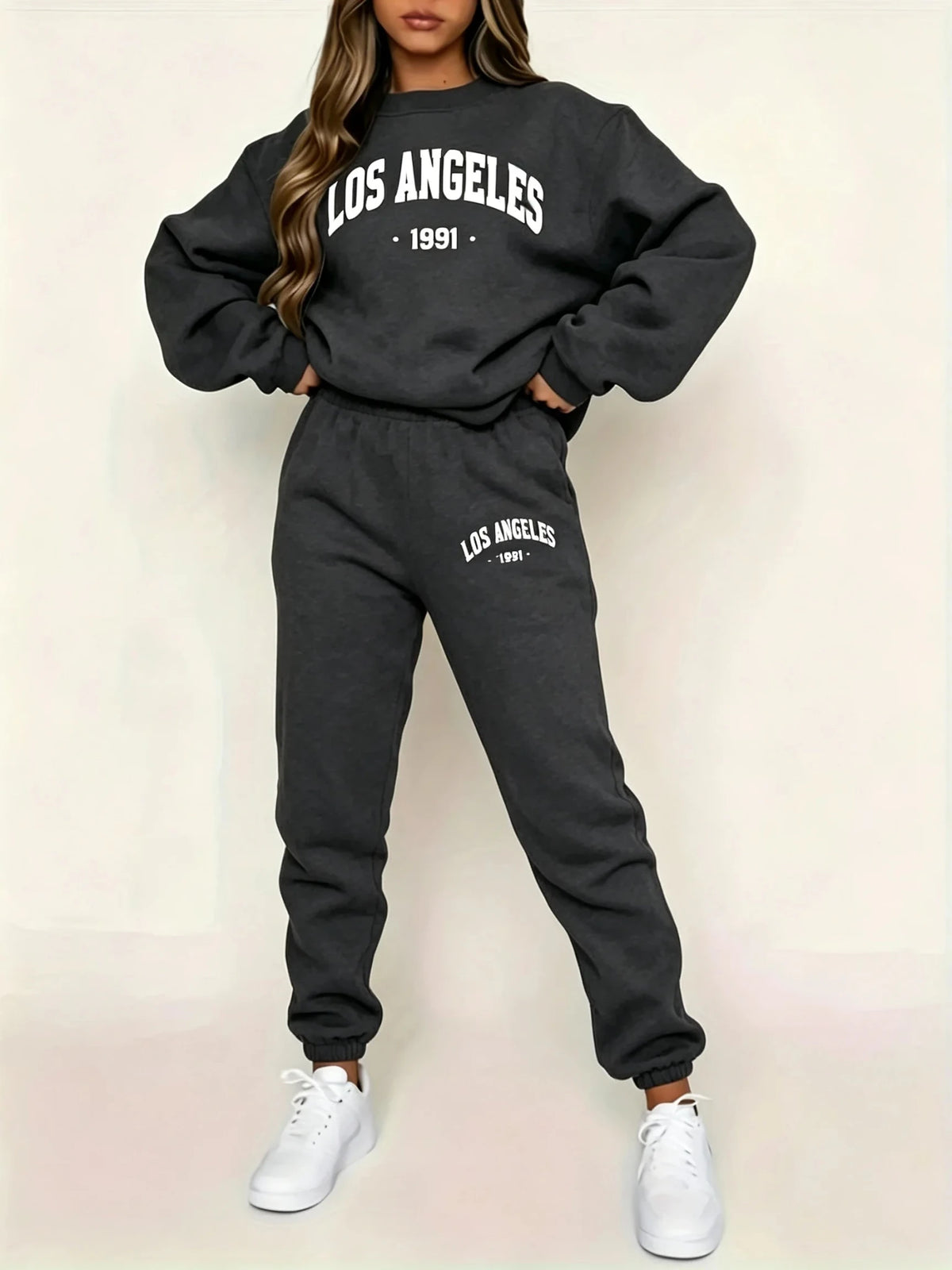 Set Donna Due Pezzi Felpa con Cappuccio – Stampa Lettering Fleece Sportswear Casual Invernale - Veyla