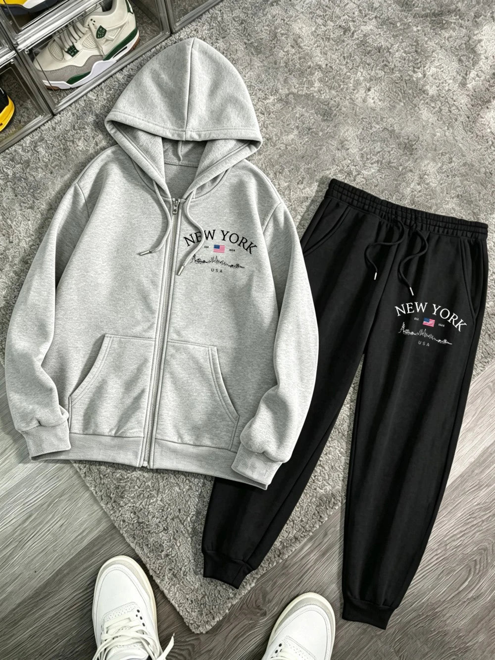 Set Donna Due Pezzi Hoodie con Zip – Felpa New York USA e Pantaloni Oversize Fleece - Veyla