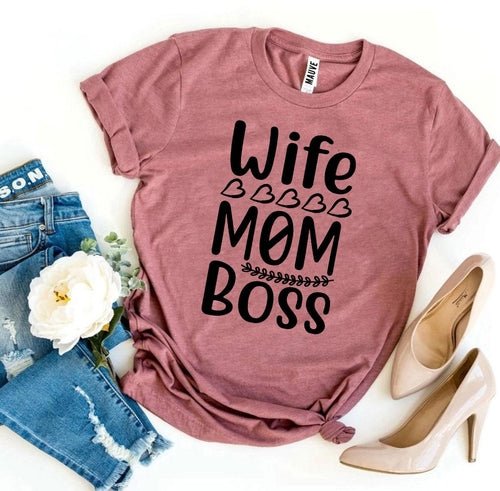 T-Shirt Donna Wife Mom Boss – Maglietta con Stampa Divertente Regalo Mamma Casual - Veyla