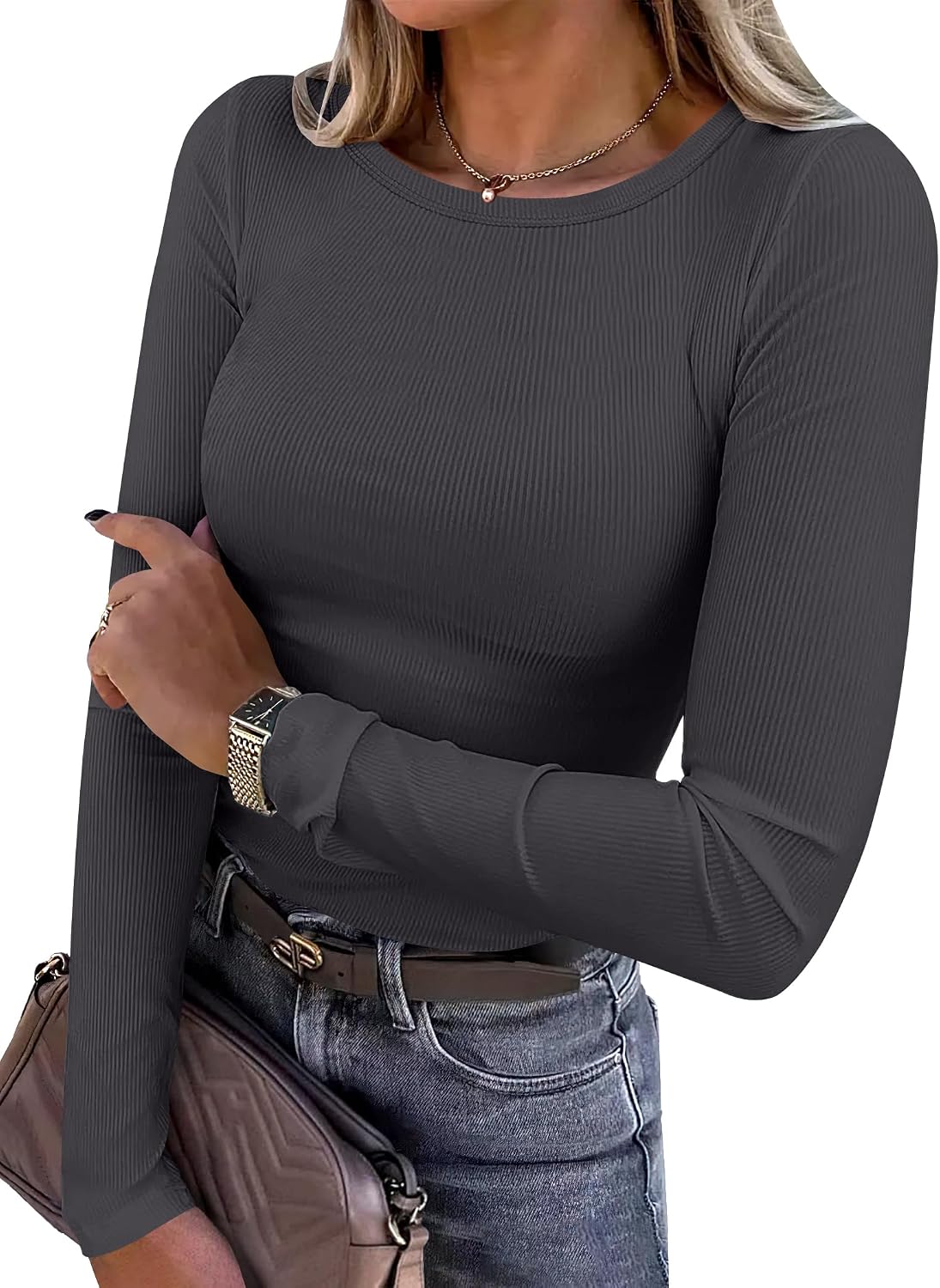 Top a Maniche Lunghe Costine ANRABESS – Aderente e Versatile - Veyla