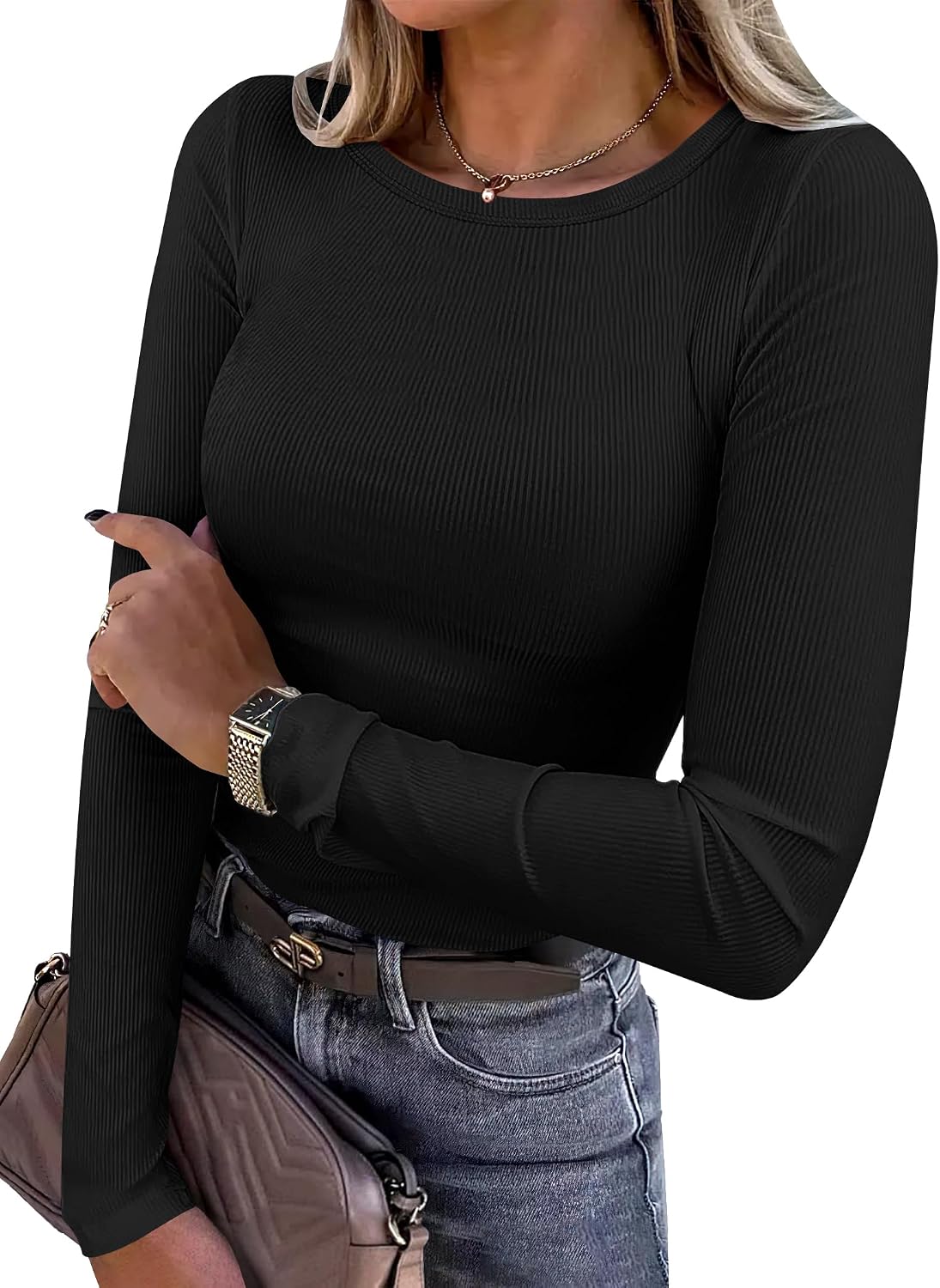 Top a Maniche Lunghe Costine ANRABESS – Aderente e Versatile - Veyla