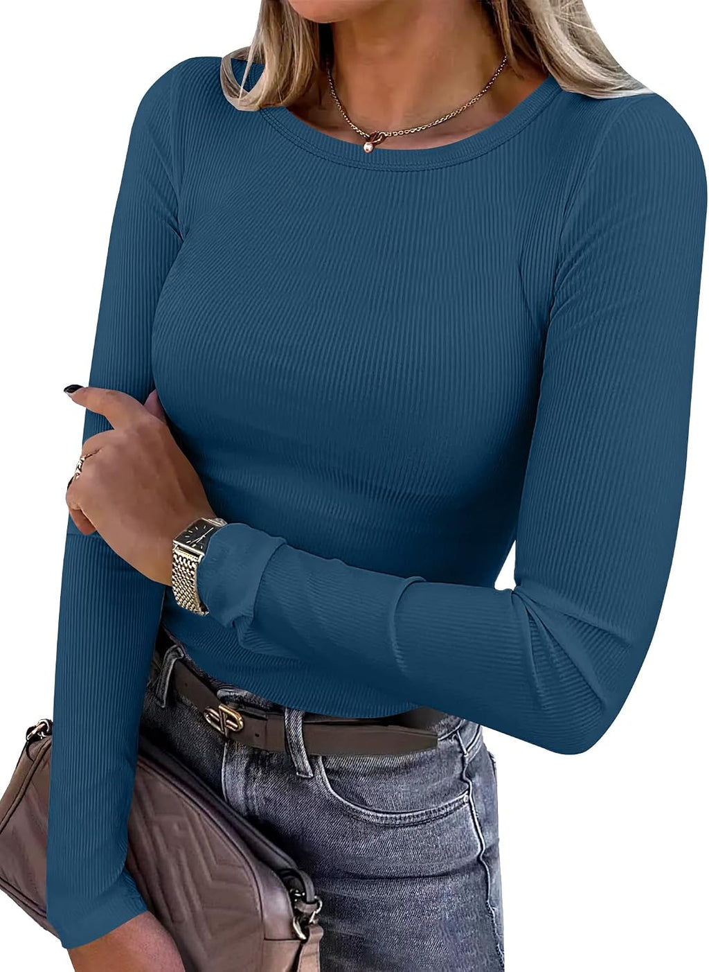 Top a Maniche Lunghe Costine ANRABESS – Aderente e Versatile - Veyla