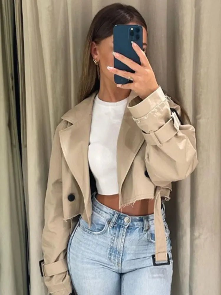 Trench Donna Crop con Cintura – Giacca Vintage Streetwear Doppiopetto Primavera - Veyla