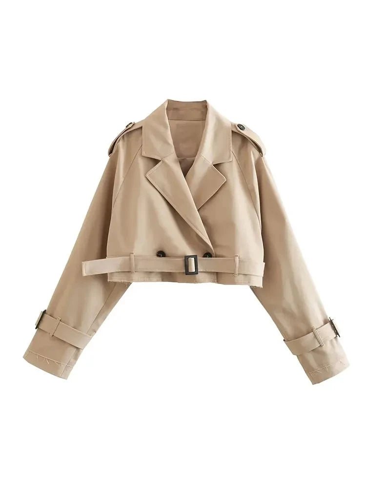 Trench Donna Crop con Cintura – Giacca Vintage Streetwear Doppiopetto Primavera - Veyla
