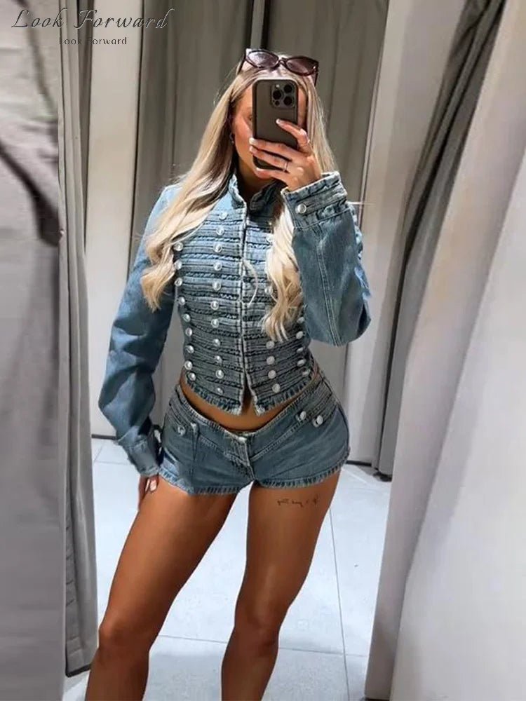 Veyla – Completo da donna in denim con rivetti alla moda, giacca slim a manich - Veyla