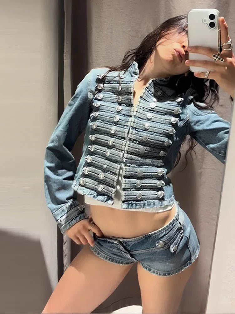 Veyla – Completo da donna in denim con rivetti alla moda, giacca slim a manich - Veyla