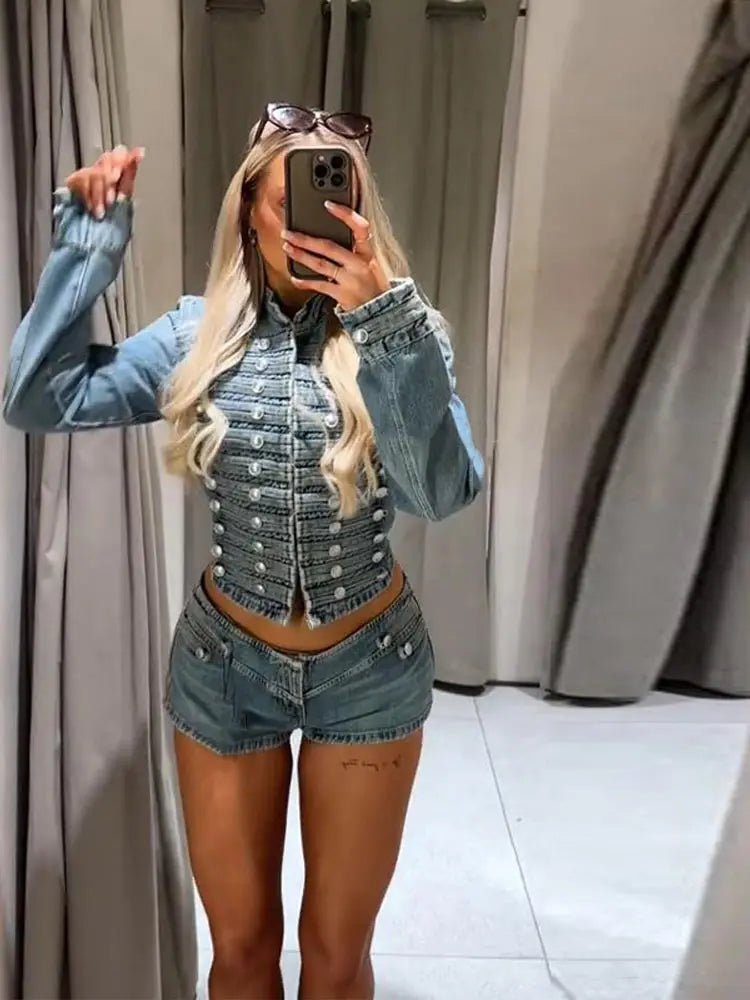 Veyla – Completo da donna in denim con rivetti alla moda, giacca slim a manich - Veyla