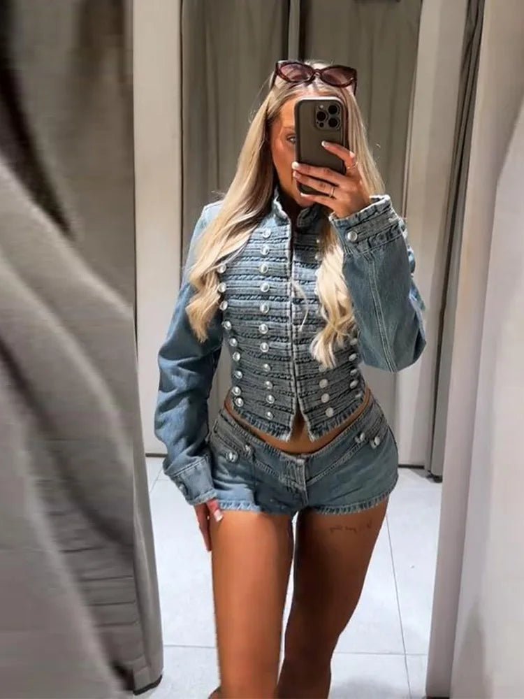 Veyla – Completo da donna in denim con rivetti alla moda, giacca slim a manich - Veyla