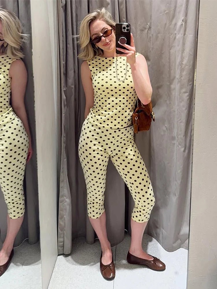 Veyla – Completo da donna primaverile a pois con top a collo alto senza manich - Veyla