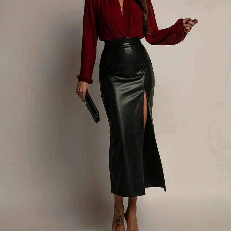 Veyla – Gonna Tubino in Pelle PU con Spacco – Elegante da Ufficio Donna - Veyla