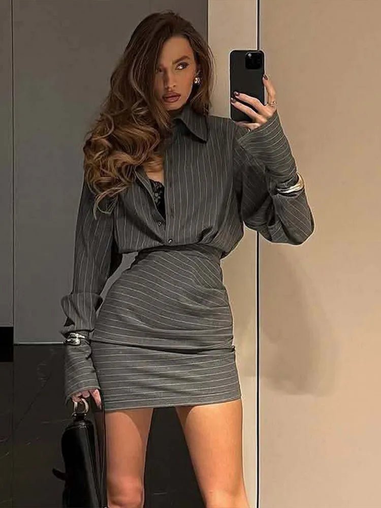 Veyla – Set Gonna a Righe Sexy per Donne, Camicia con Colletto e Bottoni, Gonn - Veyla
